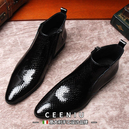 CEENIU意大利蛇纹切尔西皮靴漆皮男士高帮马丁靴真皮短靴皮鞋男靴