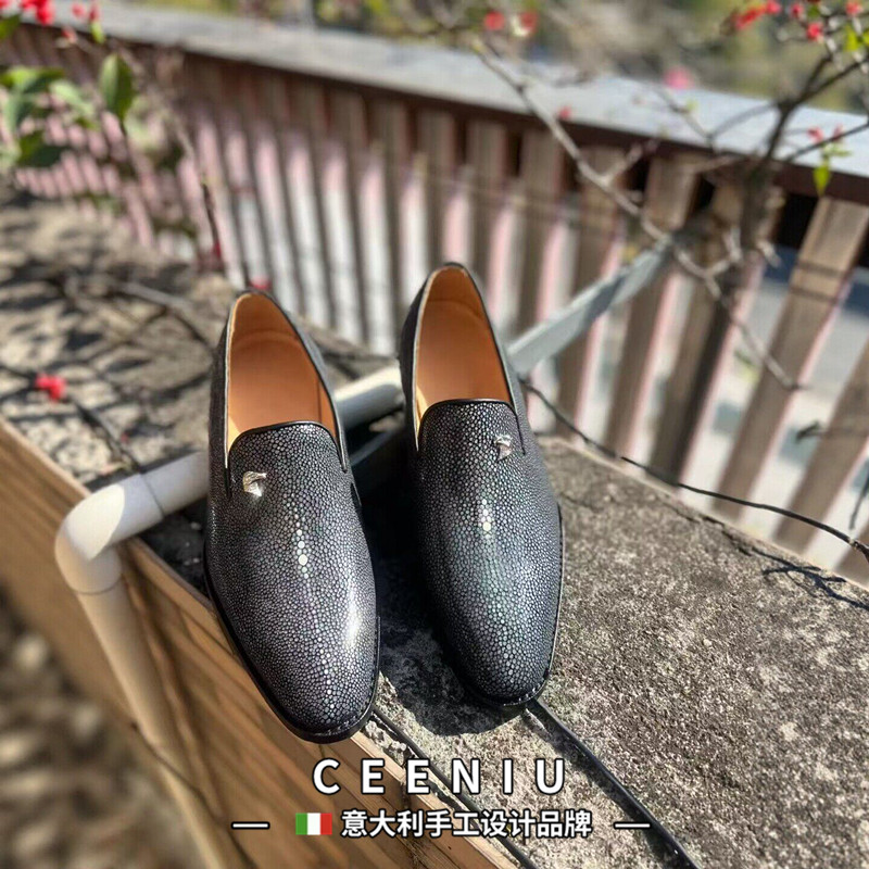 CEENIU意大利深海磨面珍珠鱼皮鞋一脚蹬商务休闲皮鞋男士正装男鞋