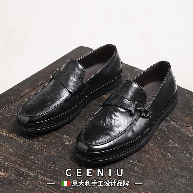 CEENIU意大利手抓胎牛皮透气商务乐福皮鞋休闲一脚蹬男鞋豆豆鞋