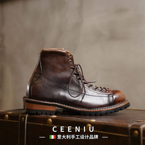 CEENIU意大利美式复古马丁靴男款高帮英伦风手工真皮靴机车工装靴