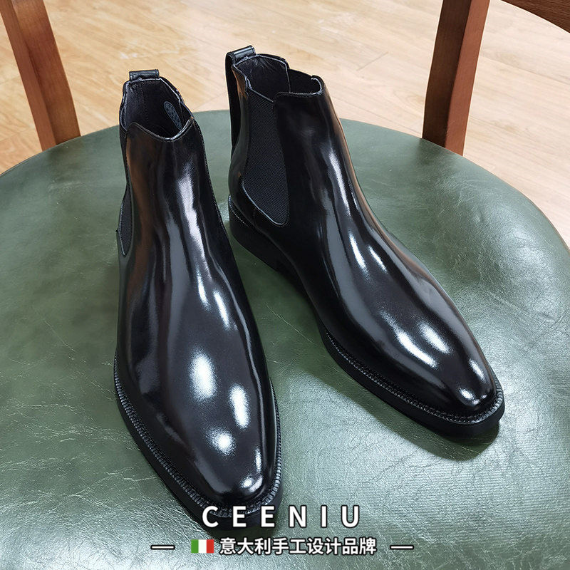 CEENIU意大利切尔西靴男亮面真皮英伦皮靴高帮商务皮鞋漆皮男士靴