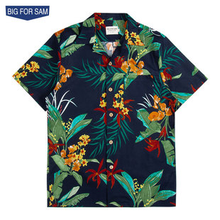 男夏季 BIG 衬衫 SAM夏威夷短袖 古巴领植物印花情侣沙滩花衬衣 FOR
