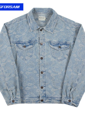 BIG FOR SAM腰果花牛仔夹克男潮牌美式高街宽松水洗做旧嘻哈外套