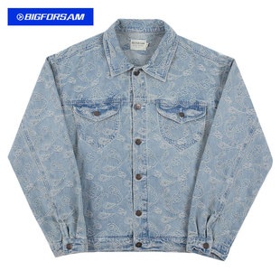 高街宽松水洗做旧嘻哈外套 SAM腰果花牛仔夹克男潮牌美式 BIG FOR