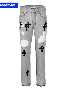 BIG FOR SAM烟灰色十字架牛仔裤男欧美高街潮牌补丁嘻哈直筒长裤