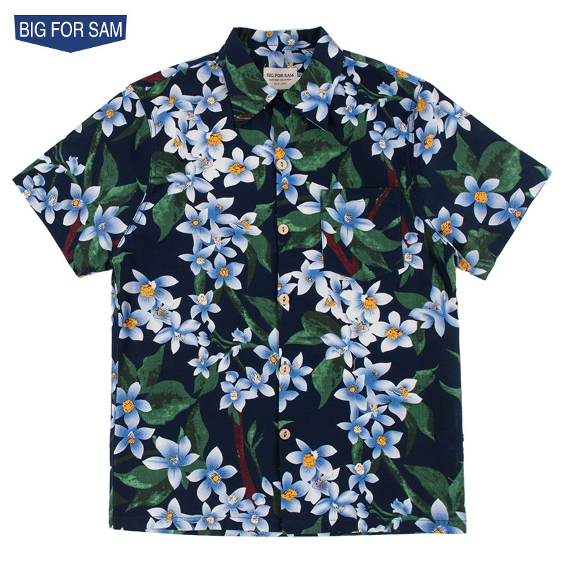 BIG FOR SAM赤耳棉麻植物花卉短袖花衬衫男美式复古夏威夷花衬衣