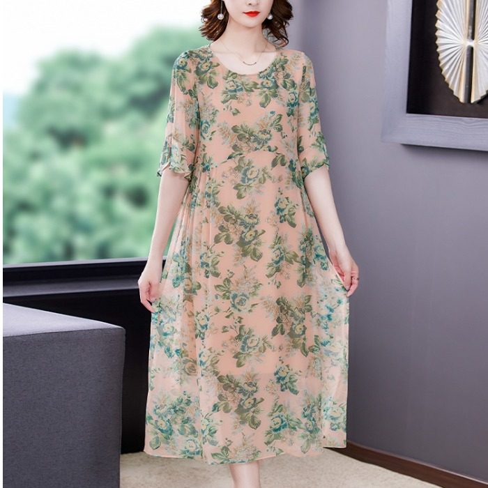 杭州高端品牌真丝连衣裙大码减龄妈妈碎花裙蚕素香云纱女装旗舰店