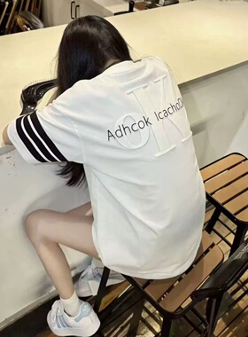 美式三条杠休闲风字母刺绣短袖T恤女白色后背浮雕宽松百搭上衣