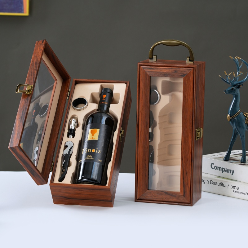 高档透明开窗单支包装盒礼盒钢琴烤漆木盒手提箱葡萄酒木质空盒子