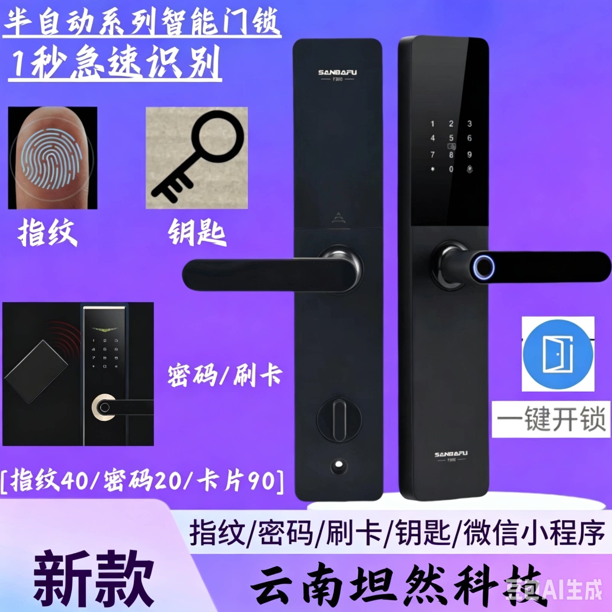 智能锁一握开指纹锁家用防盗门人脸识别简约入户门锁黑色智能门锁
