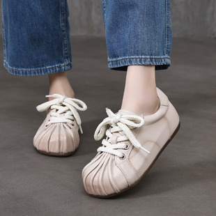 吉树2026春真皮复古手工软底女鞋头层牛皮休闲系带褶皱内增高单鞋