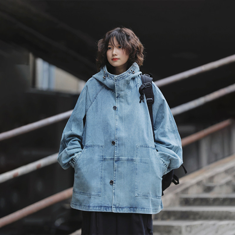 阿于呆 日系复古工装连帽水洗做旧牛仔外套情侣宽松潮牌休闲夹克,男装,夹克,淘宝优惠券,粉丝福利购,淘宝优惠卷