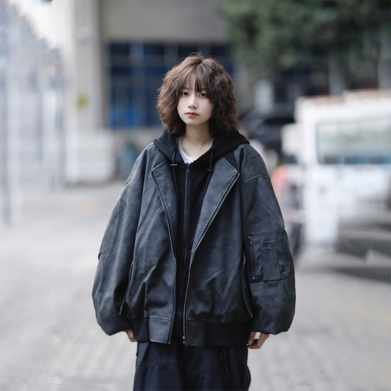 阿于呆美拉德假两件pu皮飞行夹克