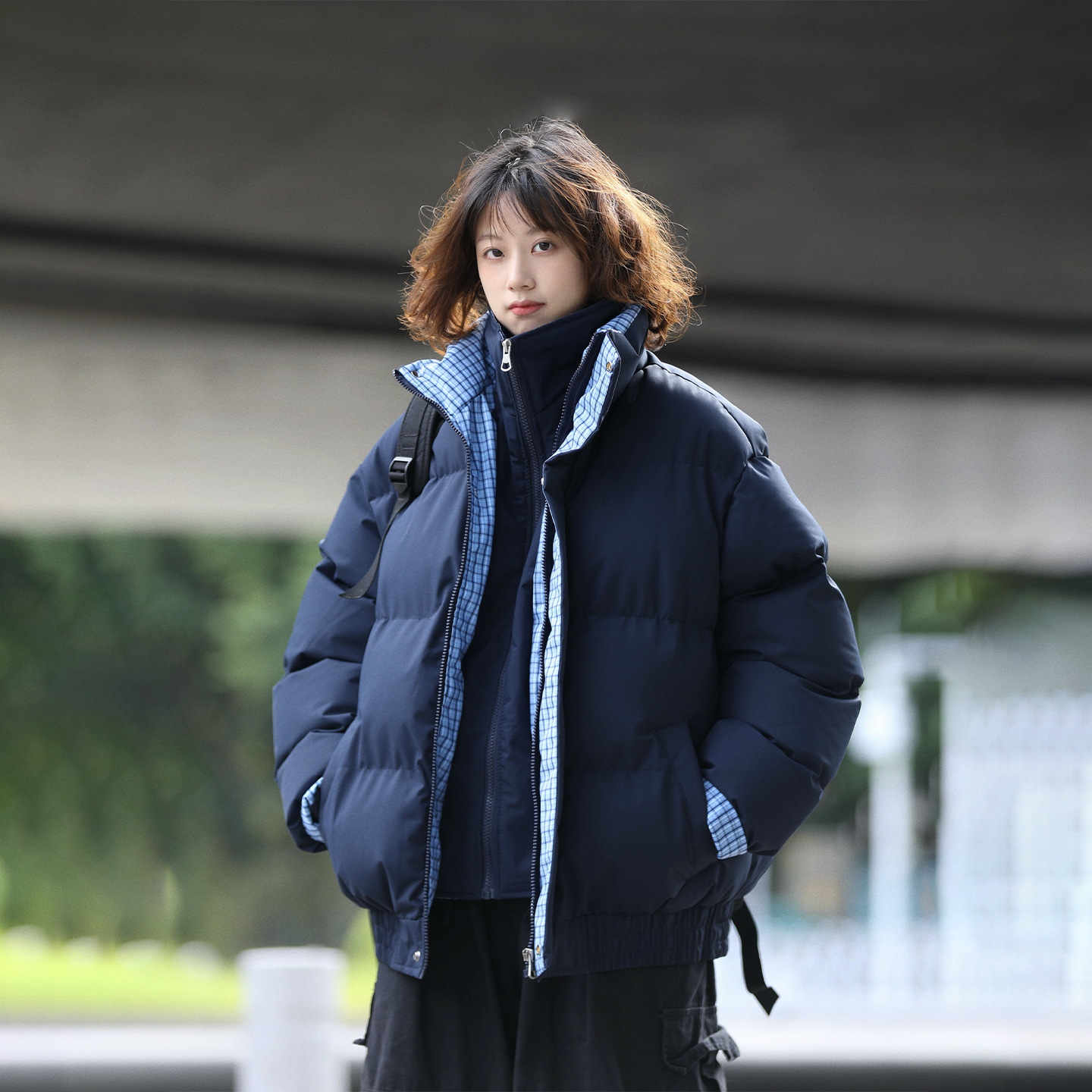 阿于呆美式假两件格子拼接棉衣