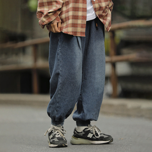 子宽松春秋宽松哈伦长裤 男女潮牌束脚裤 牛仔裤 阿于呆日系抽绳美式