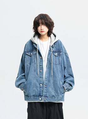 阿于呆秋冬日系假两件水洗连帽牛仔外套男宽松休闲情侣工装夹克女