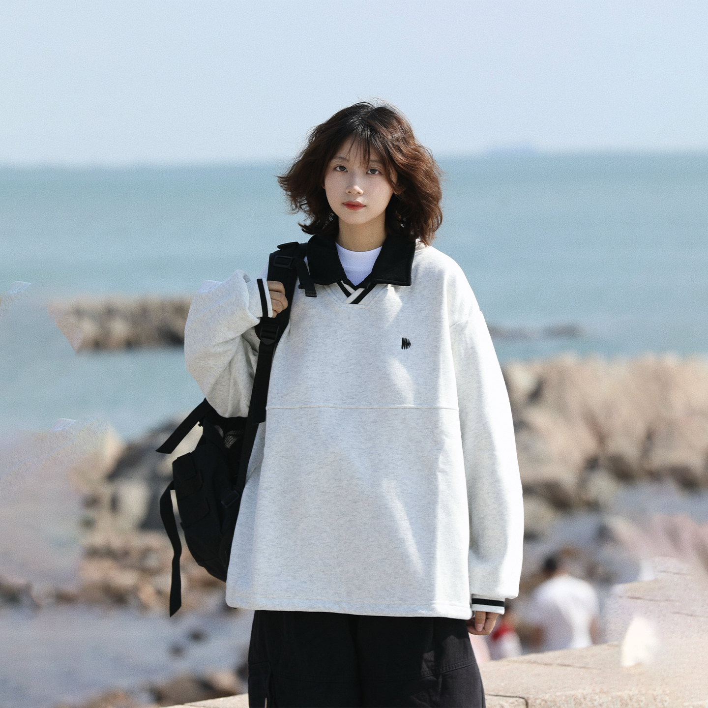 阿于呆日系假两件Polo翻领卫衣