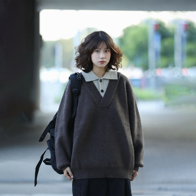 阿于呆日系复古假两件Polo领毛衣