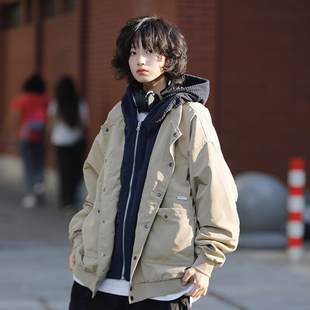 阿于呆日系连帽工装 夹克女复古拼接假两件宽松多口袋棉服厚外套男