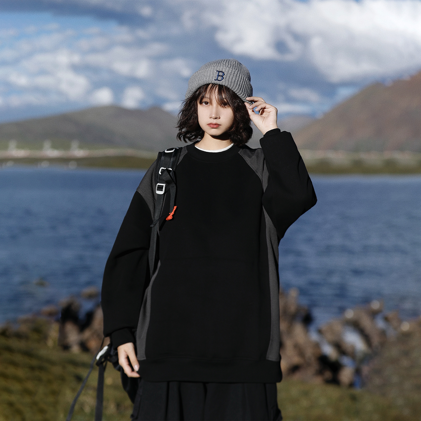 阿于呆美式复古重磅拼接圆领卫衣