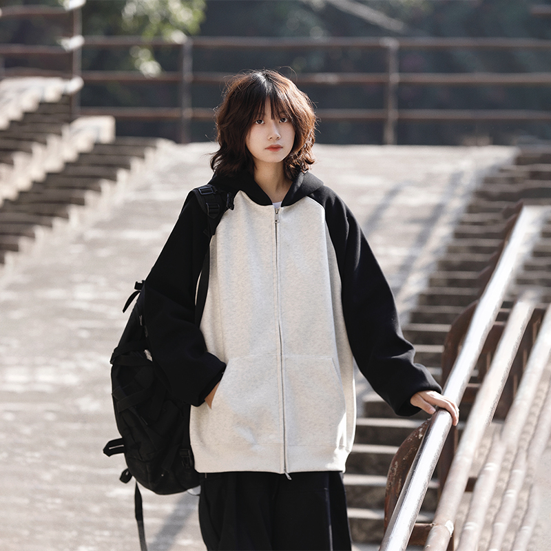 阿于呆日系撞色插肩开衫连帽卫衣