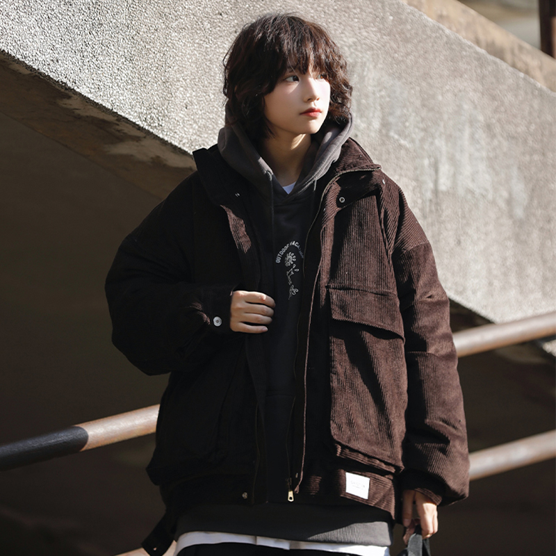阿于呆复古立领灯芯绒羽绒服
