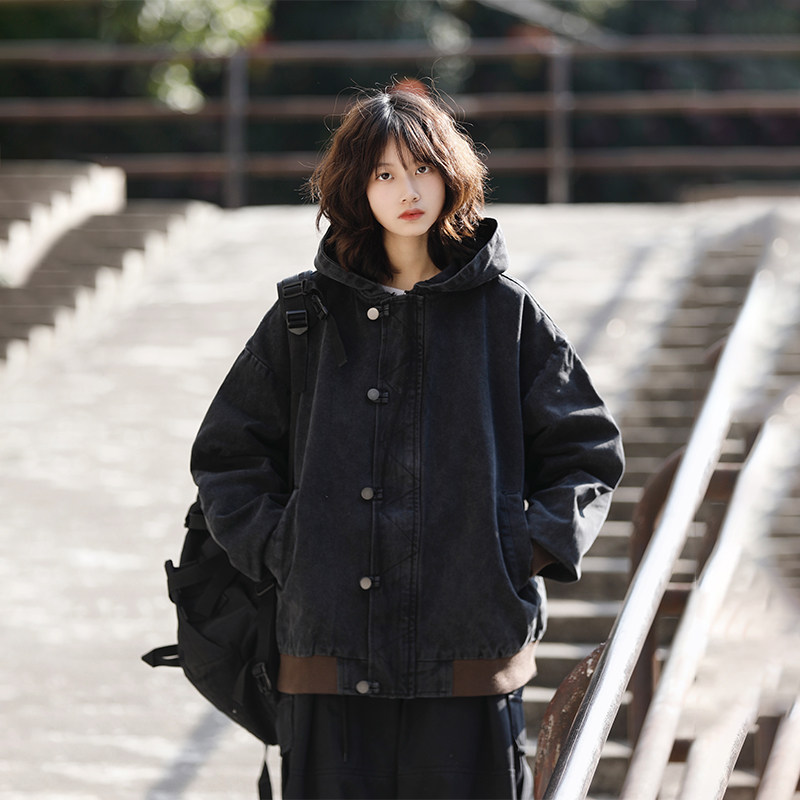 阿于呆美式复古撞色连帽外套男春秋宽松潮牌情侣休闲水洗工装外套,男装,夹克,淘宝优惠券,粉丝福利购,淘宝优惠卷