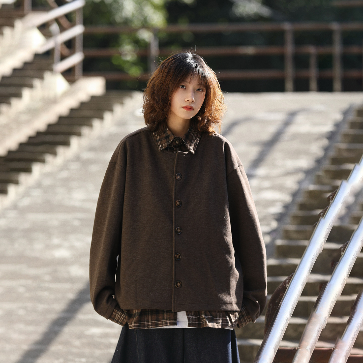 阿于呆日系复古拼接格子假两件针织衬衫男秋冬宽松慵懒百搭外套女,男装,衬衫,淘宝优惠券,粉丝福利购,淘宝优惠卷