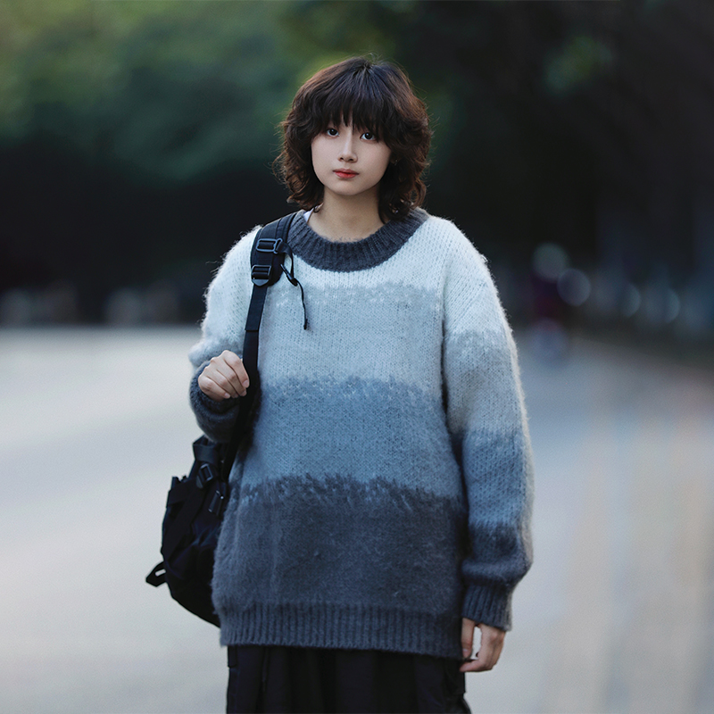 阿于呆渐变撞色针织衫毛衣保暖