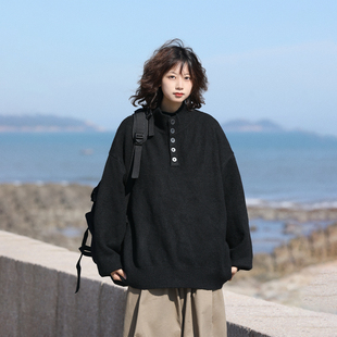 阿于呆日系纯色亨利领毛衣男秋冬情侣休闲百搭慵懒套头针织上衣女