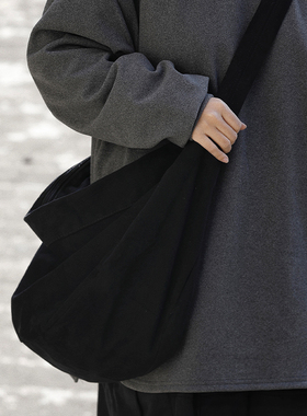 阿于呆复古双拉链大容量斜挎包男女通用帆布包简约休闲运动单肩包