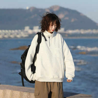 阿于呆复古简约半拉链立领卫衣