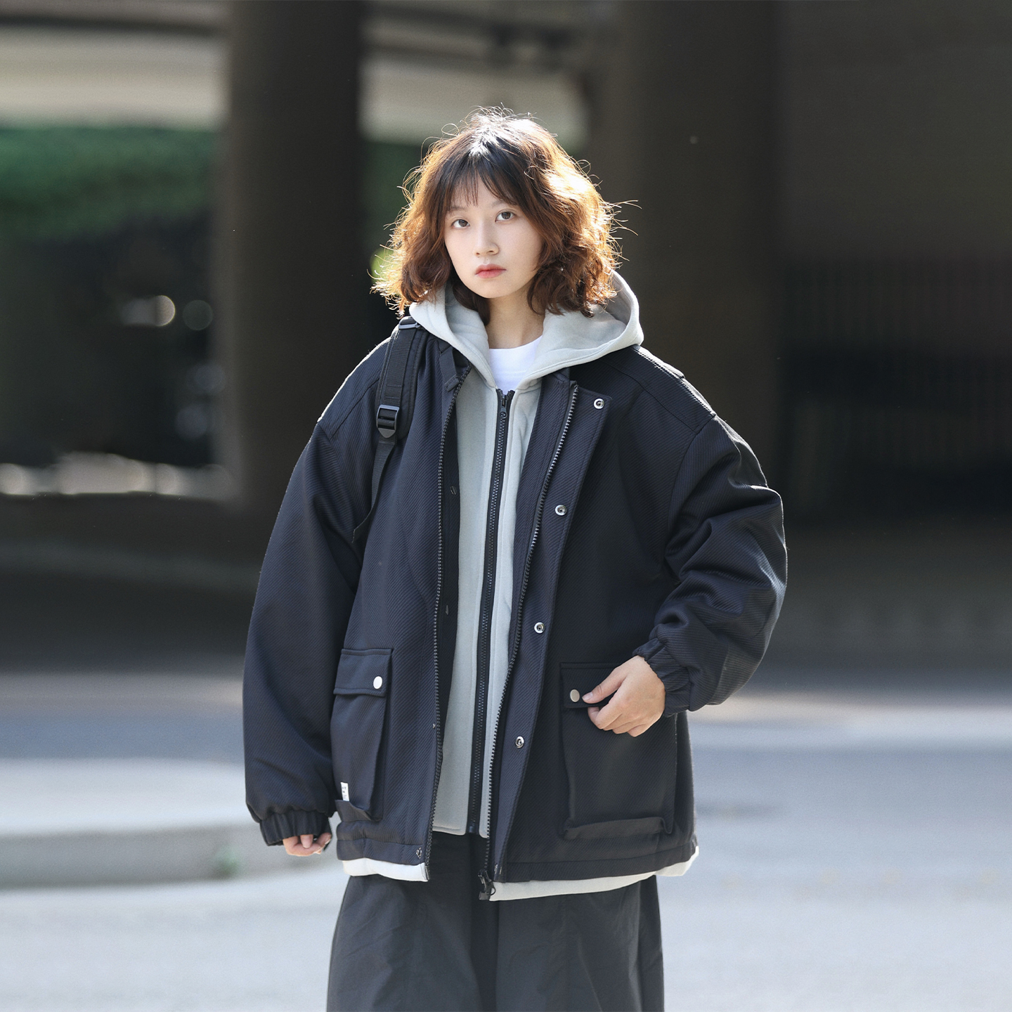 阿于呆冬季假两件肌理感连帽棉服