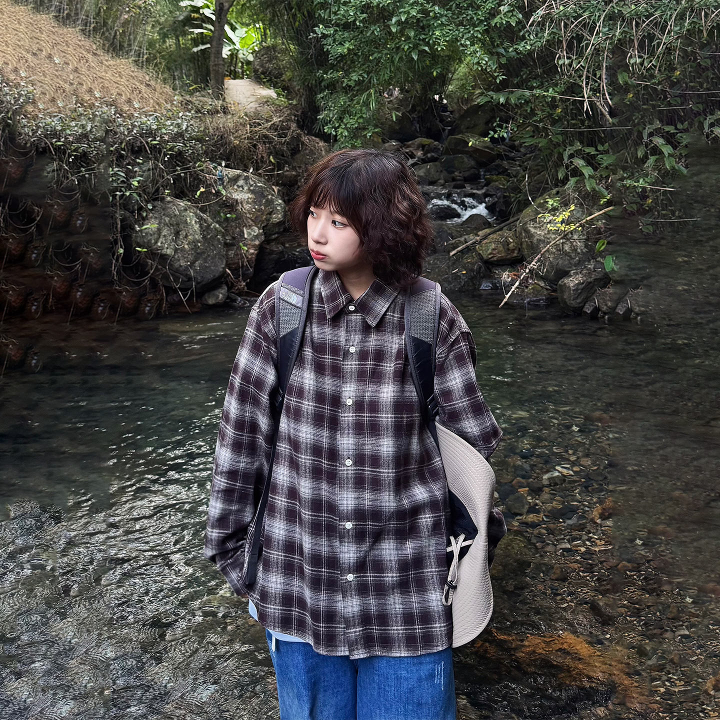 阿于呆美式复古格子长袖衬衫