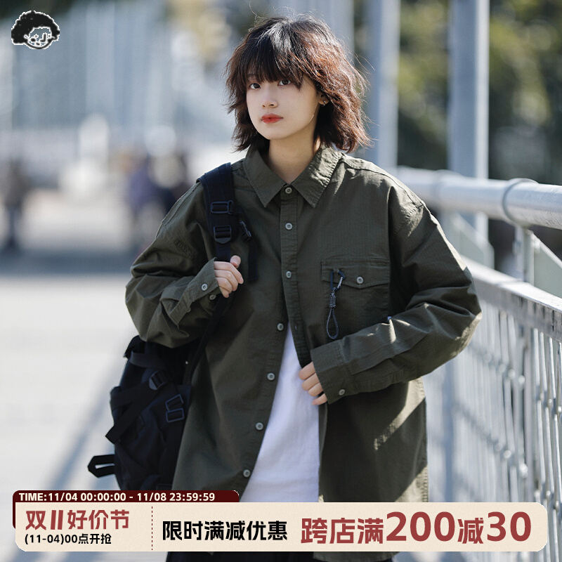 阿于呆 复古春秋复古宽松工装衬衫潮 男中性美式纯棉休闲长袖外套