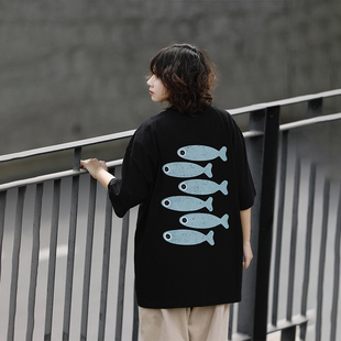 阿于呆美式潮牌背面多鱼印花短袖T恤男夏宽松重磅百搭半袖上衣女