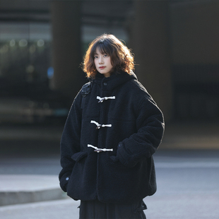 阿于呆原创复古牛角扣羊羔绒棉衣男新款 加厚保暖连帽棉服女潮 冬季