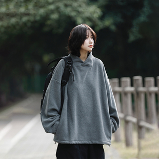 阿于呆日系复古秋冬摇粒绒卫衣宽松基础内搭保暖情侣纯色打底衫 女