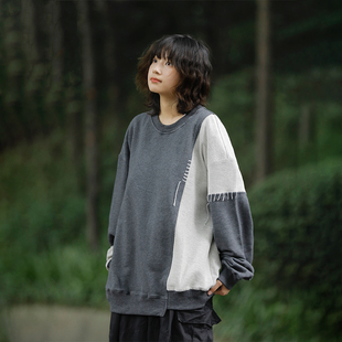 阿于呆日系复古春秋拼接圆领原创毛圈个性 上衣 卫衣宽松不规则长袖