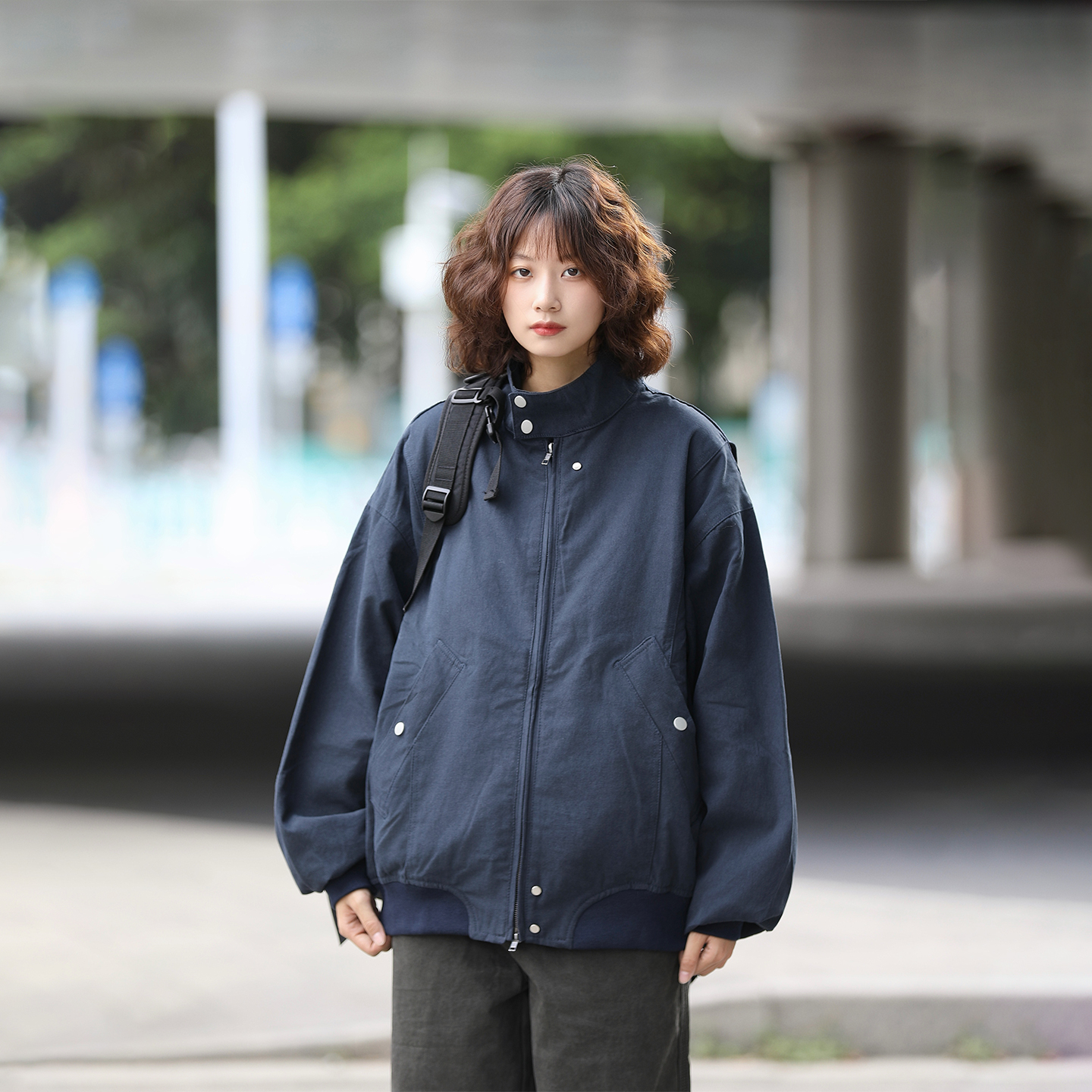 阿于呆美式复古纯色立领工装夹克