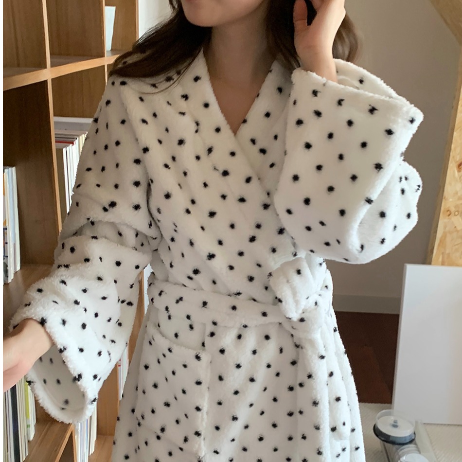 出口韩国同款品质冬季加厚保暖小羊羔毛绒波点家居服睡袍浴袍