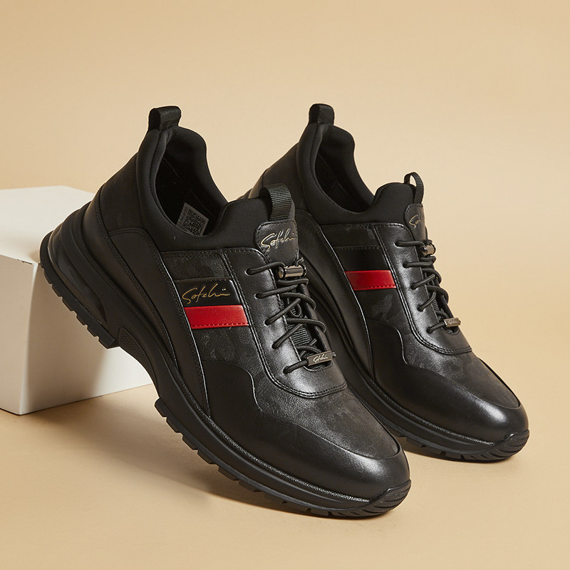 沙驰男鞋正品2024秋冬季新款运动休闲鞋男士厚底气垫老爹鞋真皮