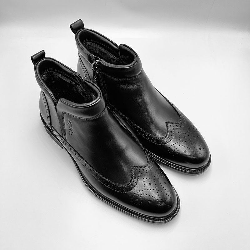 沙驰男鞋23冬季新款高帮棉鞋商务布洛克皮靴男士真皮加绒棉鞋皮鞋