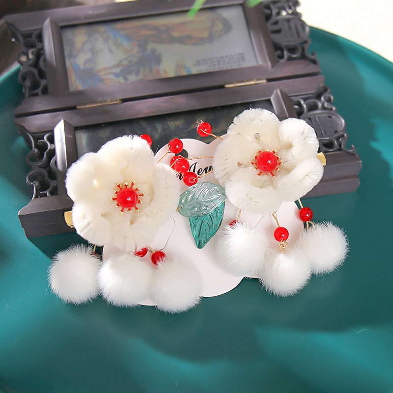 汉服毛球发夹绒花头饰古装花朵流苏边夹秋冬毛绒夹子配饰古风发饰
