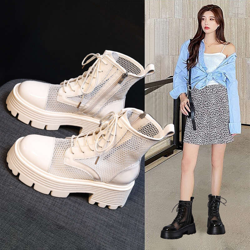 小羊轻奢马丁靴女2026新春夏款仙女风网纱透气短靴厚底增高网靴子