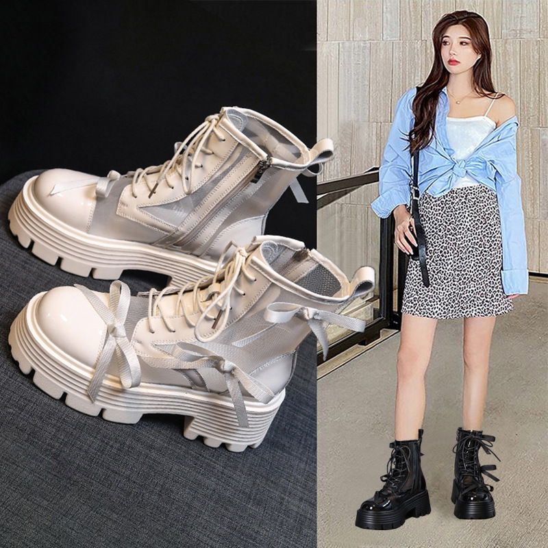 小羊轻奢马丁靴女2026新春夏薄款厚底小个子增高纱网镂空透气网靴