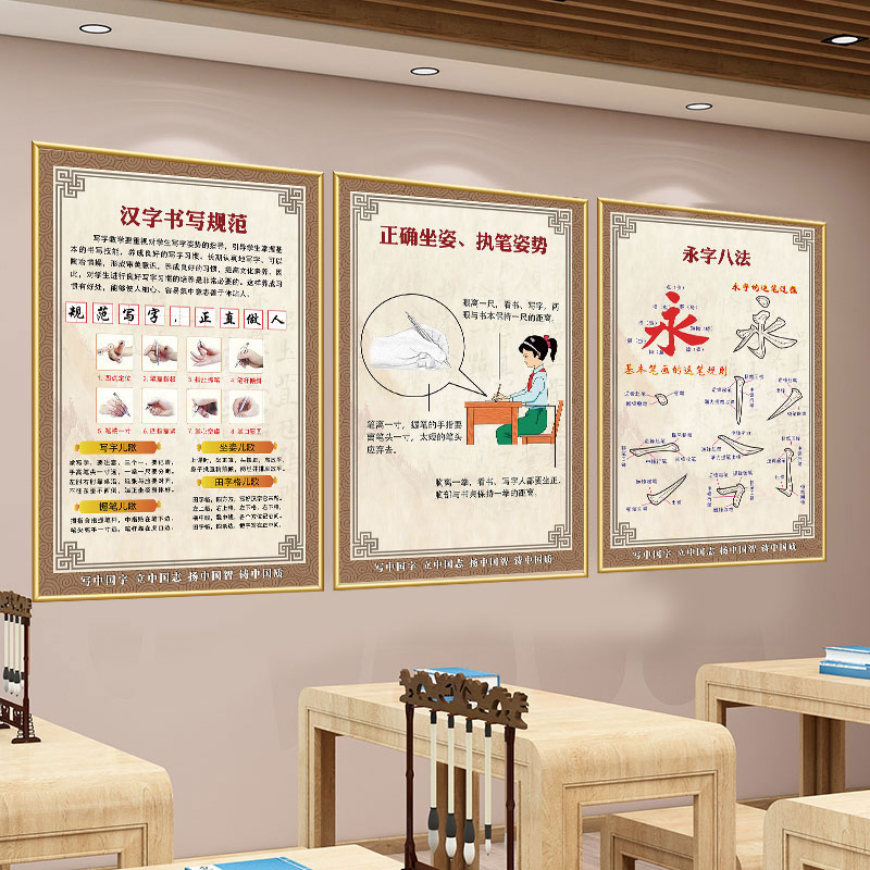 硬笔书法培训班墙面装饰挂画教室布置挂图海报少儿握笔坐姿墙壁画图片