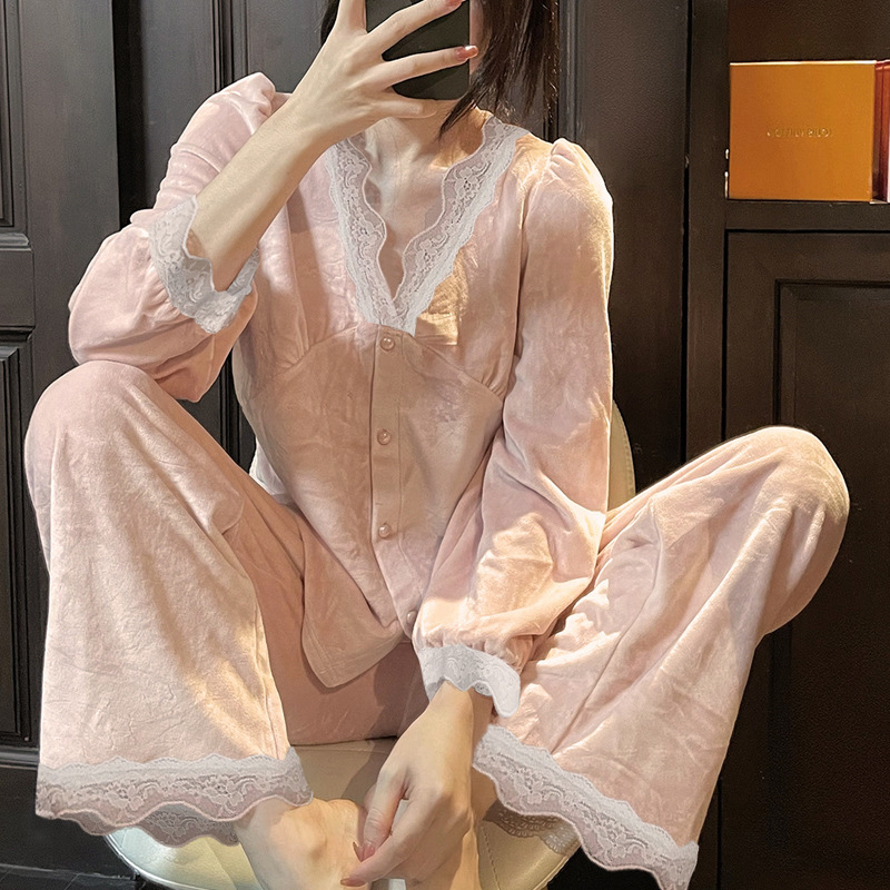 法式复古宫廷风金丝绒睡衣女秋冬季长袖款套装新款居家服套装