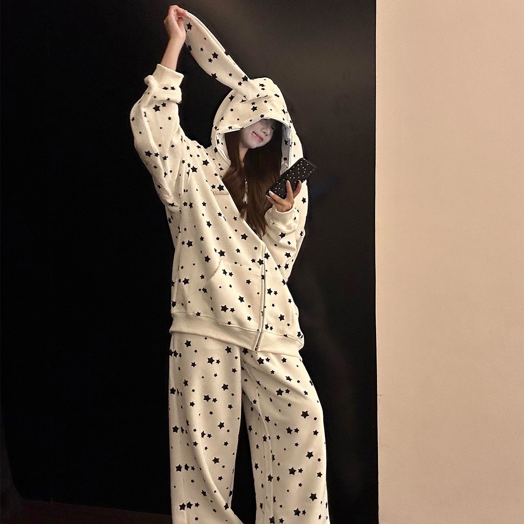韩系兔耳朵星星睡衣女春秋款甜美可爱秋天外套长裤外穿家居服套装