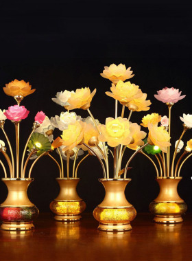 七彩平安莲花灯佛供台灯合金琉璃水晶佛灯寺院长明灯批发平安祈福
